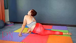 Regina Noir Stuns in Transparent Red Yoga Leotard