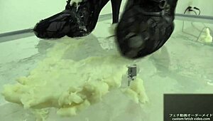 Japanese girl stomps noodles in shoes, teasing ass fetish