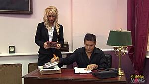 Hot blonde secretary takes hard pussy banging from boss on office sofa