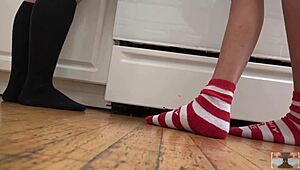 Steamy cosplay kitchen scene with an upskirt view