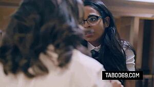 Nerdy coed Casey Calvert gets stepbrother to bang friend Vienna Black. Taboo threesome unfolds!