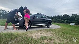 Big natural tits and ass shaking amateur in fishnet and ankle boots gives a ride