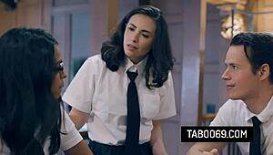 Nerdy coed Casey Calvert gets stepbrother to bang friend Vienna Black. Taboo threesome unfolds!