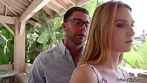 Blonde stepbro in bondage, deepthroat blowjob scene