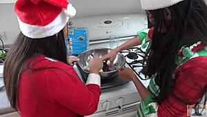 Steamy cosplay kitchen scene with an upskirt view