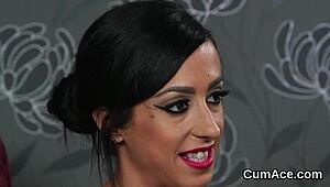 hot peach receives jizz load on her face while sucking all the cum