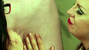 Glamour cfnm dominas jerking off the subject in a hot trio 😏