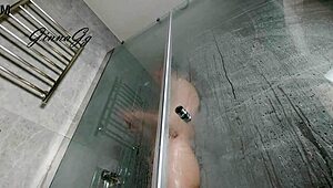 Fluffy Bush Goddess Shows Off Wet Pussy Lips and Ass in Shower Scene.