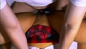 Did the petite teen blush at the muscular man in her apartment?