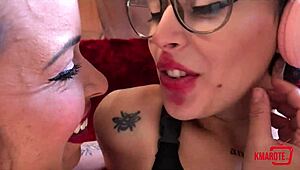 milf passionately kissing her young roommate in a hot lesbian moment