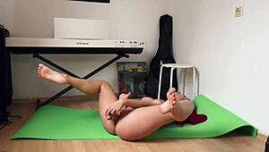 horny girl ends yoga with dildo fun, chasing two real orgasms