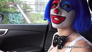 clown teen teases with outdoor pov sucking in public