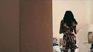 A brunette voyeur watches a hot European couple having sex.