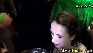 Slut Slurps Cum from Bowl in Blowbang