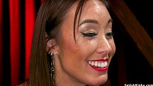 asian milf dom FUCKS bound gimp man in latex chaos. toys and gagging rule the night.