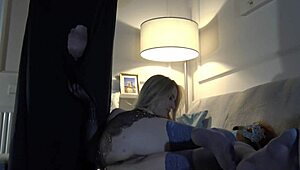 Hot shaved femdom blonde tattooed lady ignores big dick man for dripping precum