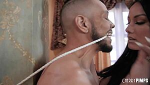 brunette milf gets fucked hard by a bbc in her first interracial bondage