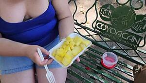I Suck My Man's Ass, Cock, and Balls, Extract Cum, Eat with Pineapple in Public