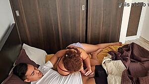 My stepsister gets horny at grandma's house, giving a deepthroat blowjob with big cock sucking in homemade setting.