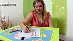 Chubby blonde works hard to ace her exam