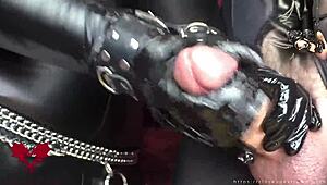 close-up ruined handjob in latex gloves with urethral fun