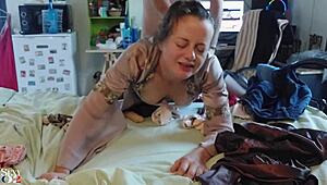 French amateur in satin lingerie rubs her panties, gets muff dived, licks cock, uses toys, doggystyle fucks, deepthroats, and rims intensely.