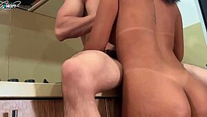 Horny Stepbrother Fucks Submissive Stepsister in Kitchen, Makes Her Suck Cock and Cum on Face