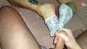 Cum on white socks after footjob and hot fuck