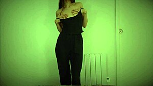 Small-boobed teen strips and gets horny on the kitchen island