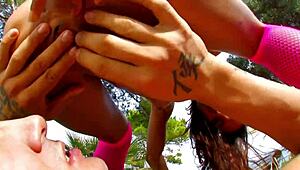 nice mulatto girl fucks outdoor with big cock in doggystyle and cowgirl positions, riding hard while getting licked and cumming in mouth