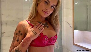 British Blonde in Lingerie Services Muscular Man's Cock with Blowjob and Tit Play