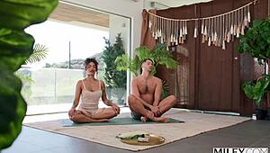 Medusa, the MILF, performs deep throat and cowgirl yoga poses on a black cock