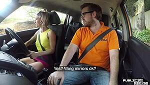 Skinny German gets naked and has sex with driving instructor in parking lot