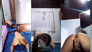 Exhibitionist engages in private show with toys in lingerie at home