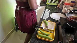 My indian girlfriend fucking with brinjal in kitchen when she is alone at home