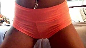 ebony babe shows off her fat cameltoe then twerks her sexy ass in the room