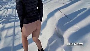 Winter Naked Stories of Outdoor Wife Flashing Shaved Pussy in Snow