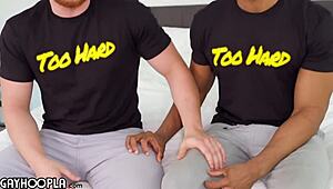 two young studs fuck sexy underwear model in interracial anal scene with hairy redhead