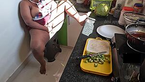 My indian girlfriend fucking with brinjal in kitchen when she is alone at home