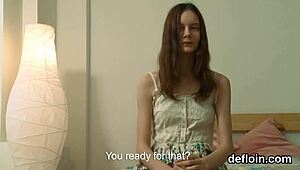 Suggestive Sensual Girl Stretches Shaved Pussy Wide and Loses Virginity in Hardcore Ride