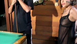 A sinuca game turns into anal creampie with latina’s tight small tits.