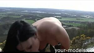 Gorgeous brunette sucks a huge white dick