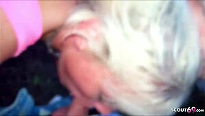 German milf lou in threesome on beach with voyeurs watching