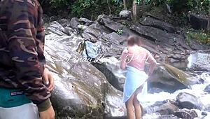 Young Asian Amateur Deepthroats Stranger Then Gets Fucked in Public Doggystyle on Falls