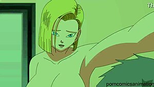 A cartoon parody of an adult movie with Android 18 from the Dragon Ball Z series.