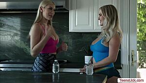 In this lesbian scene, gorgeous kay lovely dives into slimthick vic's pussy, licking and sucking passionately while they kiss.