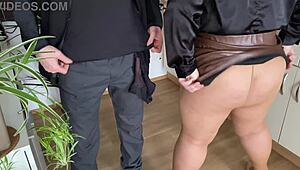 Mother-in-Law Teases with Hairy Pussy Under Glass of Urine in Skirt