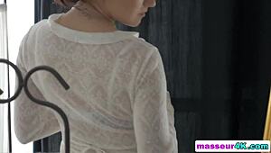 Masseur Rubs Teen Bailey's Hairless Pussy with Oral