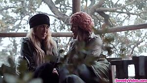 runaway blonde chick licks brunette bff's wet pussy