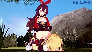 Amber and Fischl fuck Amy and Aether hard in Genshin hentai creampie scene!